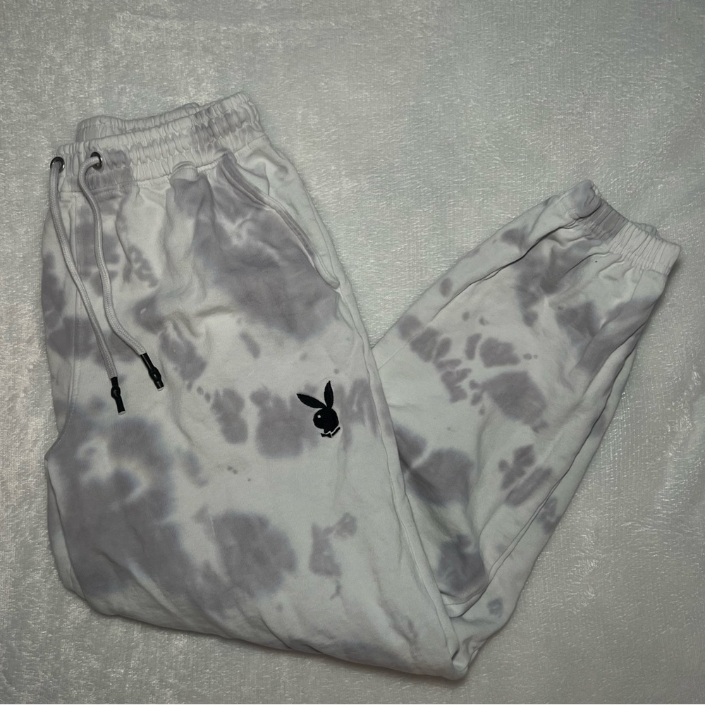 PLAYBOY X Missguided Grey & White TieDye Jogger Sweatpants